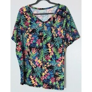 Woman Within T-Shirt Women's Size 22/24 Black Tropical Leaves V-Neck Resort